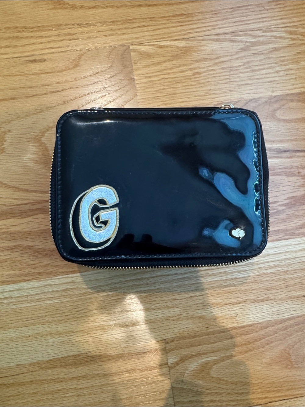 Stoney Clover Lane Black Patent Leather Zip Wallet with Gold & White G Patch